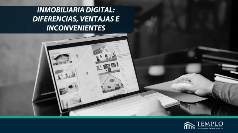 Imagen de una pantalla con la imagen de una inmobiliaria digital, mostrando propiedades en venta y datos de contacto.