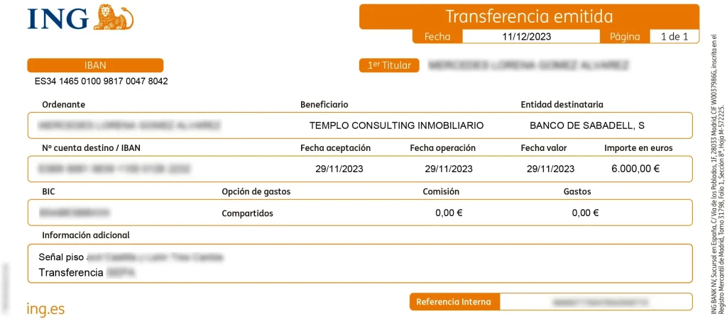 Justificante de pago de señal para reservar un piso y comprarlo