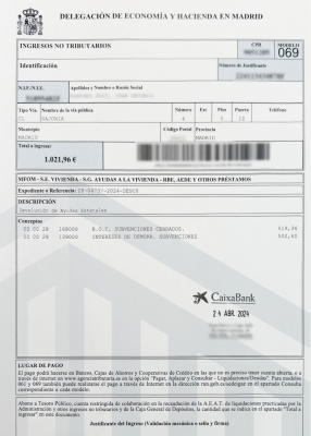 Modelo 069, carta de pago