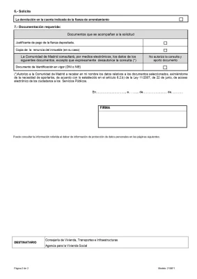 Documento solicitud de la devolución de la fianza del IVIMA Madrid