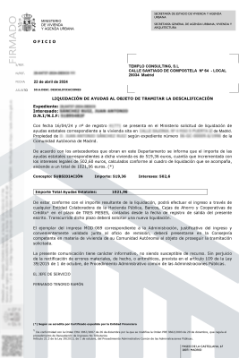 Respuesta de fomento informando el importe a devoler en concepto de ayuda economica