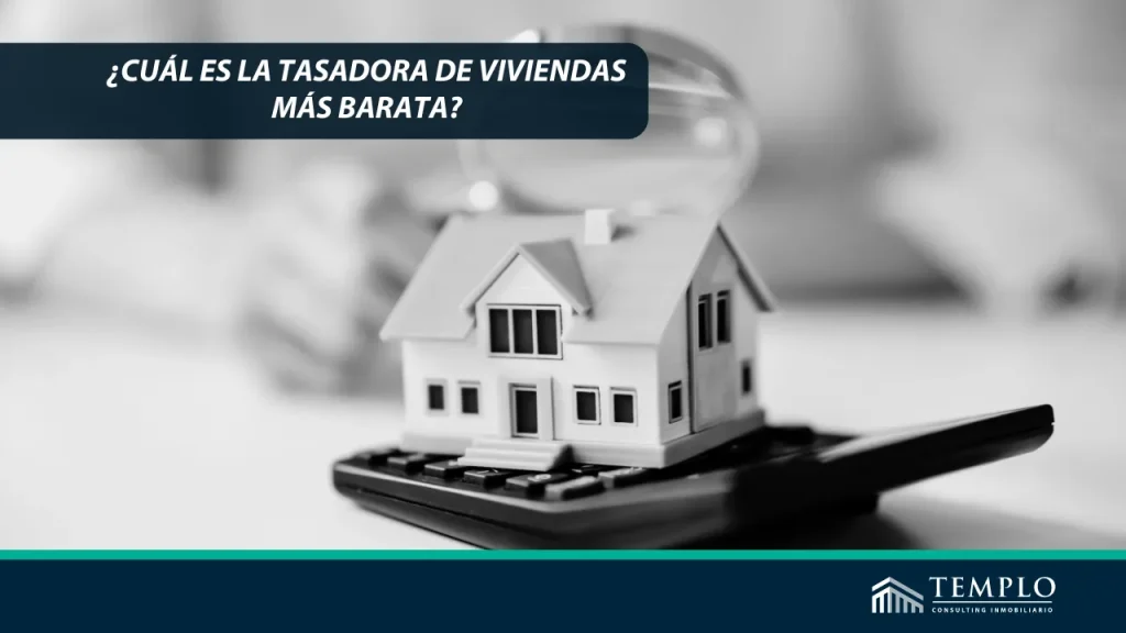 Ilustración de una casa con una lupa en el tejado, representando la búsqueda de una tasadora de viviendas económica.