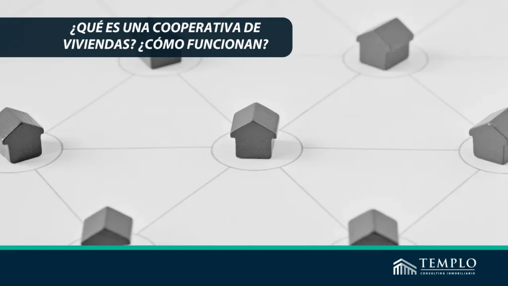 Imagen de una cooperativa de viviendas con varias casas adosadas, enlazadas entre sí.