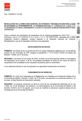 Autorización de venta de una Vivienda Protegida