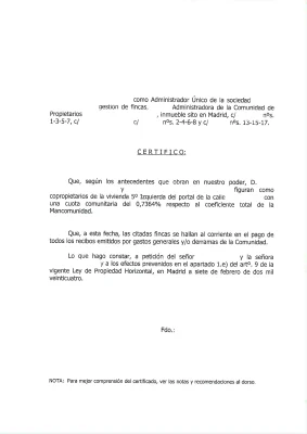 Ejemplo de un Certificado de estar al corriente en el pago de la comunidad