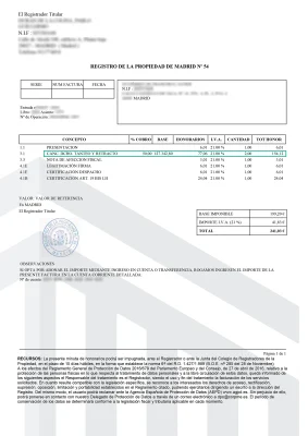 Factura del registro de la propiedad
