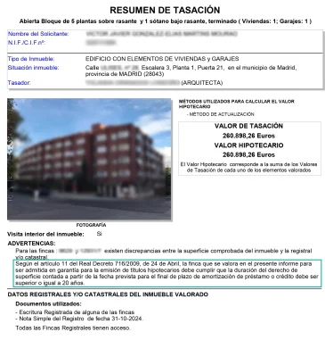 Tasación vivienda sujeta al Plan 18000