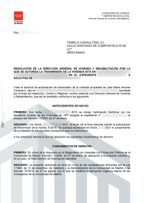 Autorización de Transmisión VPO Registro de la Propiedad