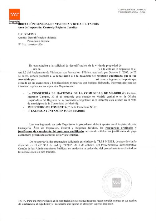 Modelo de carta trámite del ayuntamiento de Madrid
